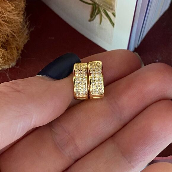 Micro Pave 14K CZ Sterling Silver Gold Hoop Earrings - Picture 3 of 7